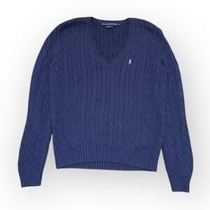 Vintage Ralph Lauren Sport Cable Knit V-Neck Sweater Navy XL Men’s
